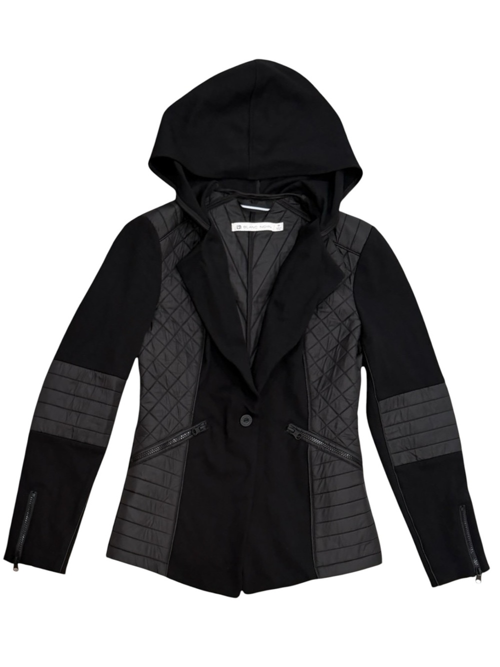 Blanc Noir Black Quilted Hooded Moto Blazer Jacket